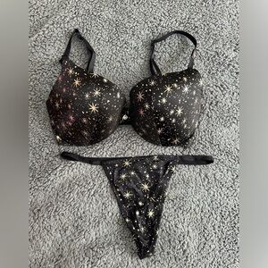 NWT! Victoria’s Secret bra and panty set, black and gold print, 34DD & large